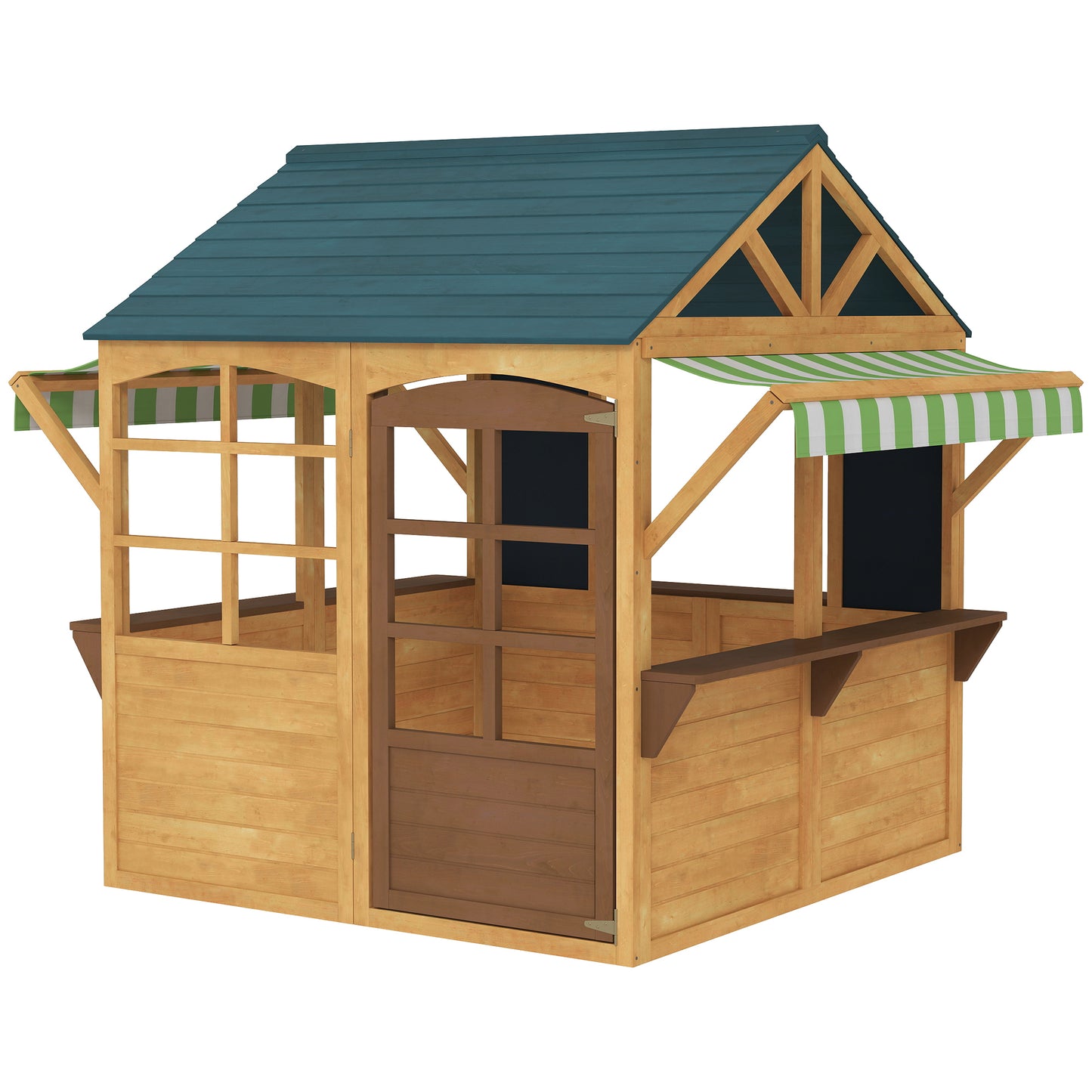Wooden Foldable Outdoor Playhouse for Kids Ages 3-8, Snack Bars, Working Door, Rain Covers, Blackboards, Brown Kids Crystal