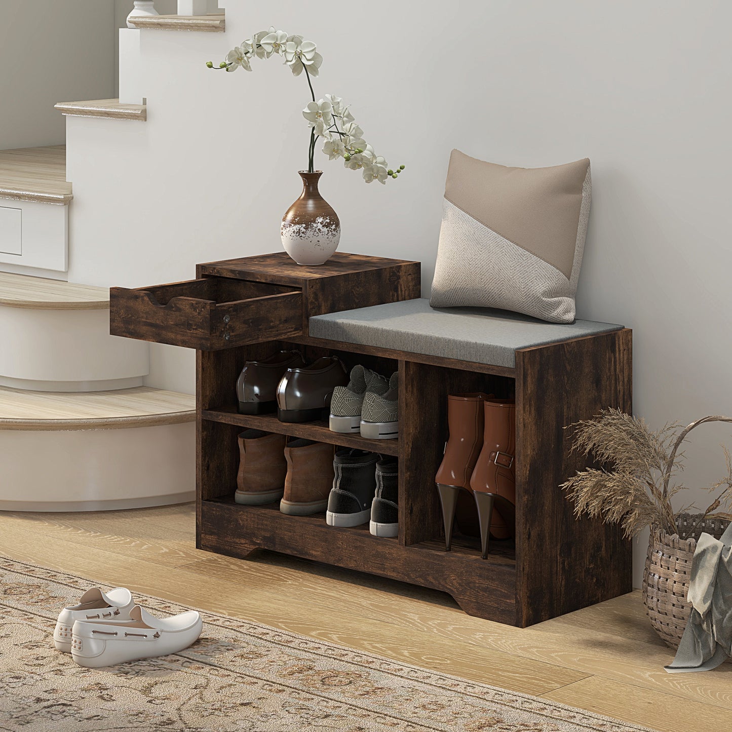 Upholstered Shoe Storage Bench Hallway Entryway Seat Drawer 3 Open Shelves Rustic Brown Wood Kids Crystal