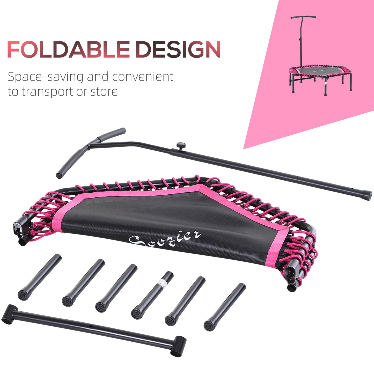 Hexagon Mini Trampoline 48" Adult Fitness Rebounder with Adjustable Handle Pink Cardio Trainer Outdoor Bouncer Kids Crystal