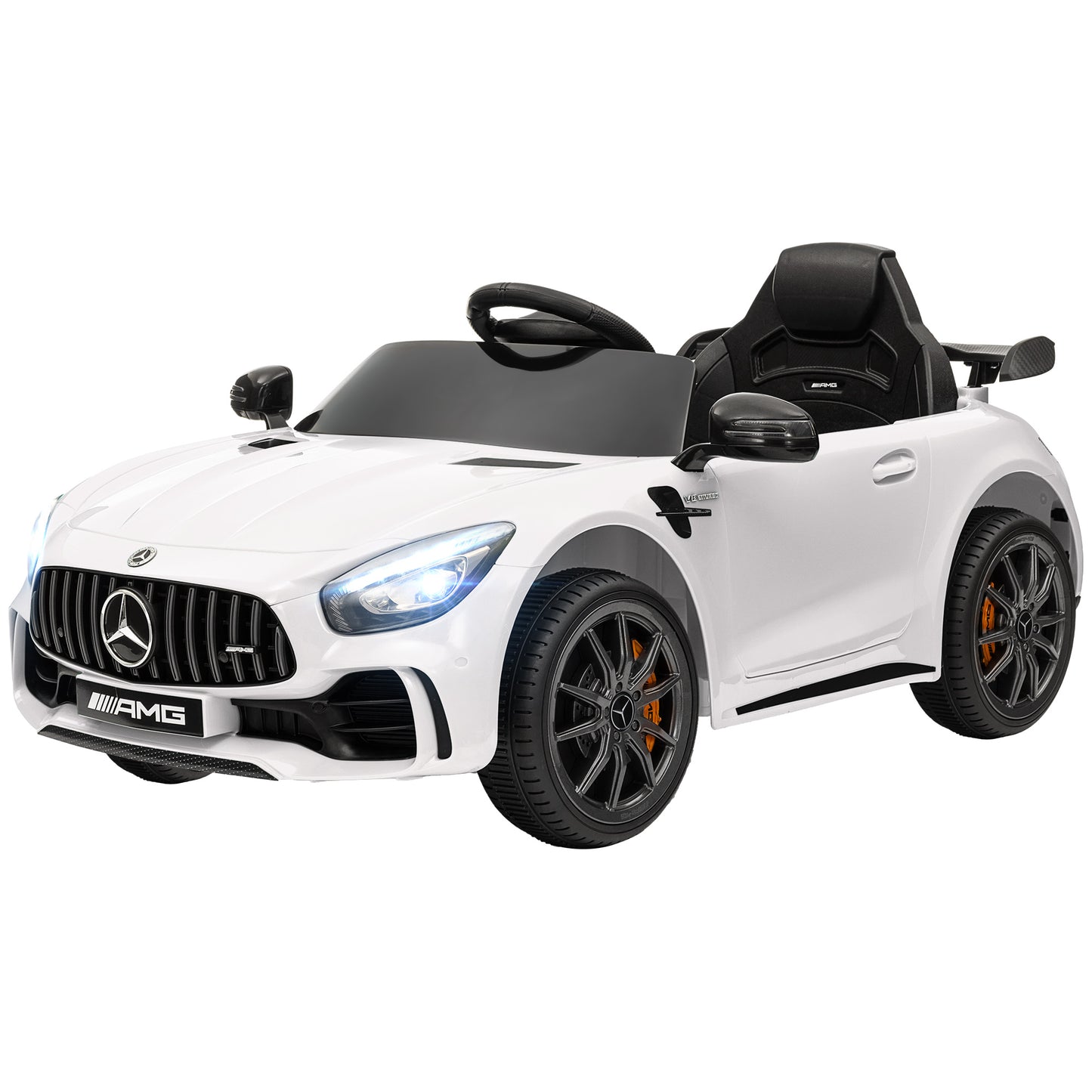 Mercedes-Benz AMG GTR Licensed 12V Battery Powered Kids Electric Car w/ Remote, Soft Start, Lights, Music Horn White Kids Crystal