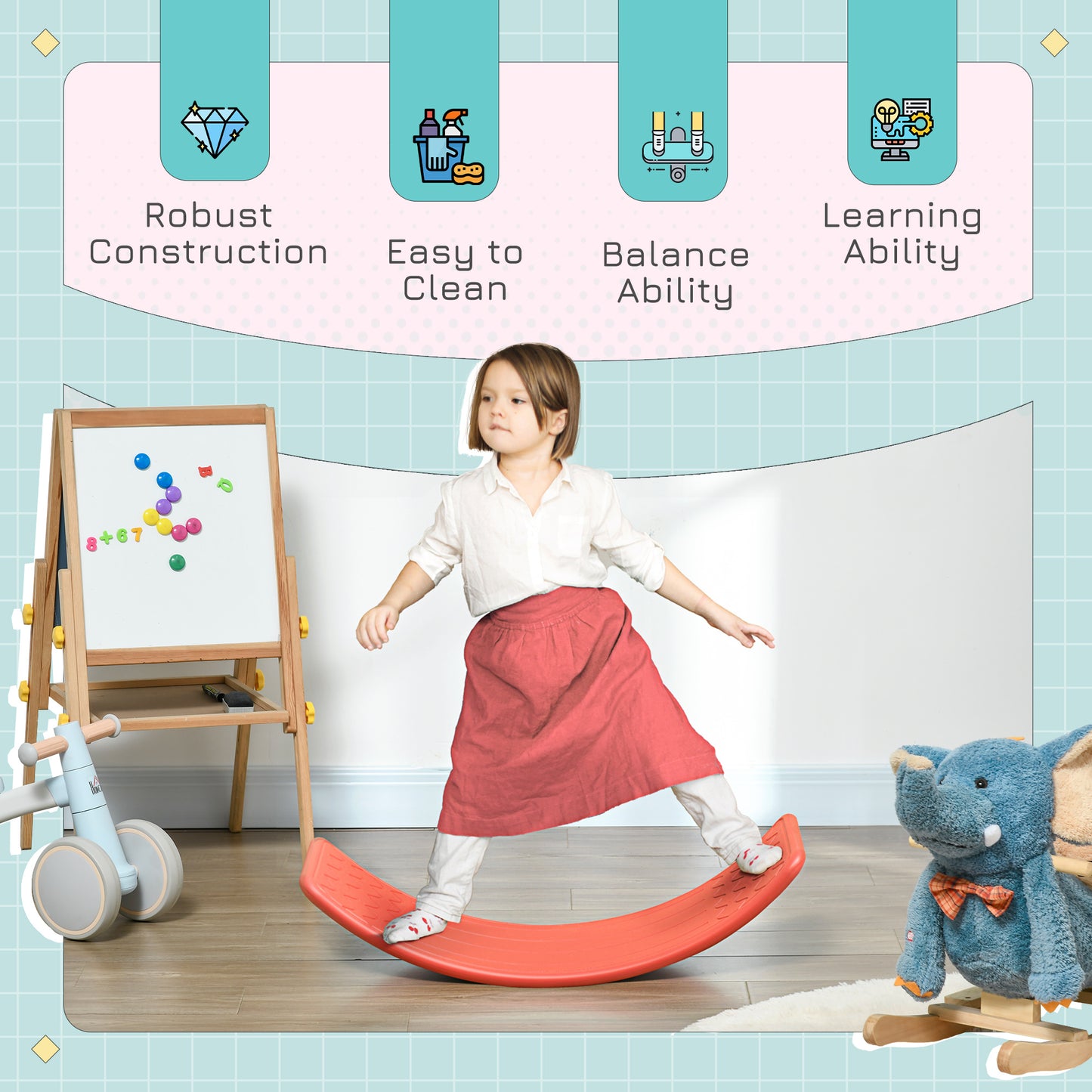 Balancing Act: 32.3" Curvy Rocker Board for Kids, Ended Preschool Learning Montessori Waldorf Toy, Red Hue Kids Crystal