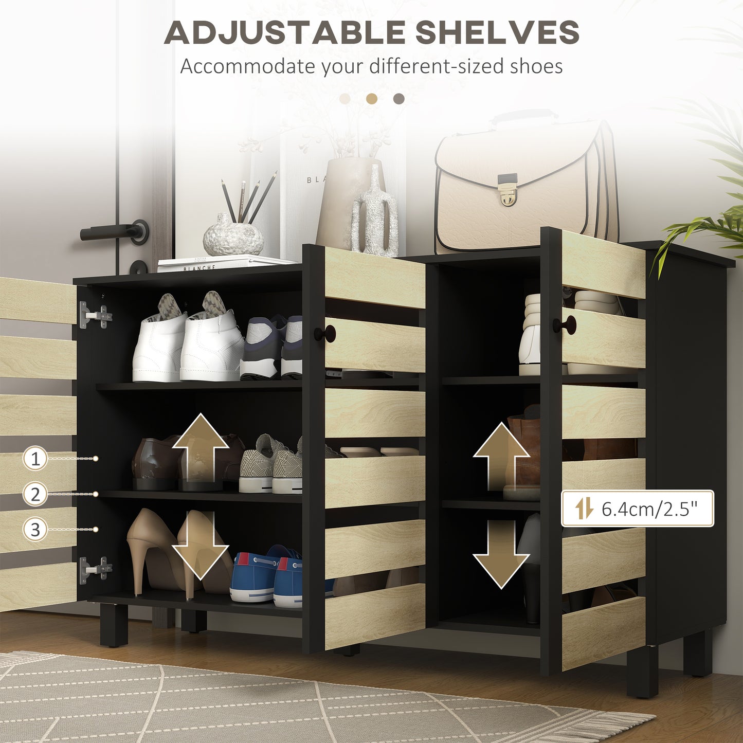Rustic Shoe Storage Cabinet: 3 Slatted Doors, Adjustable Shelves for 15 Pairs, Entryway Organizer Kids Crystal