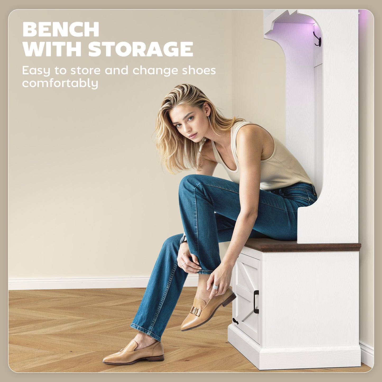 3-in-1 Hall Tree with LED Lights and Bench, Coat Rack with Shoe Storage, White Wood Grain