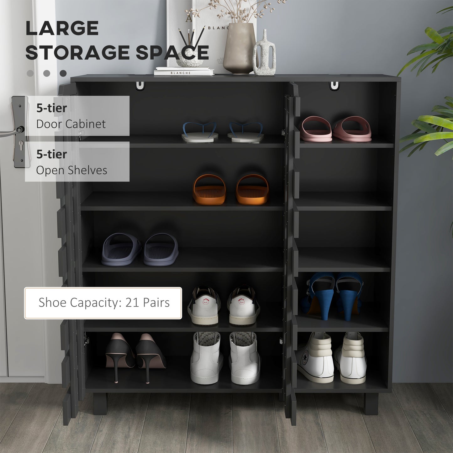 Shoe Storage Cabinet 21 Pair Organizer 5 Tier Double Door Cupboard 5 Tier Open Shelves Kids Crystal