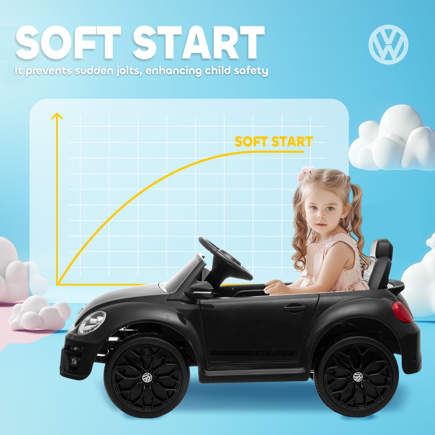12V Volkswagen Beetle Licensed Electric Car for Kids w/ Remote Control, 4 Spring Suspension Wheels, Soft Start, Black Kids Crystal