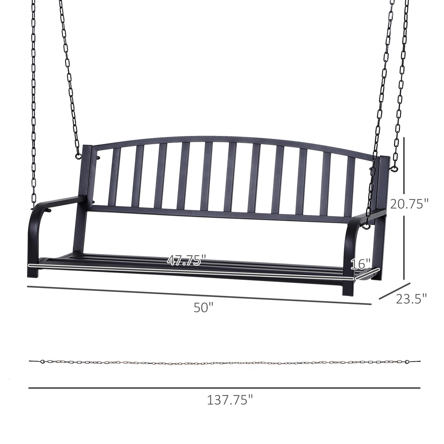 50" Porch Swing Bench Lounger: Outdoor Hanging Glider Chair Steel Frame Black Kids Crystal