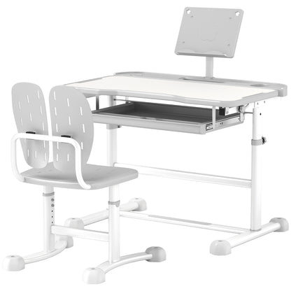 Height Adjustable Kids Desk and Chair Set with Tilt Desktop, Large Writing Board, Storage Drawer, Book Stand, Grey