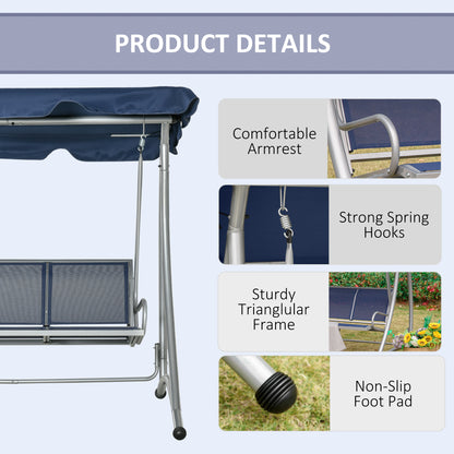 3-Seater Outdoor Swing Chair Bench with Adjustable Canopy, Dark Blue