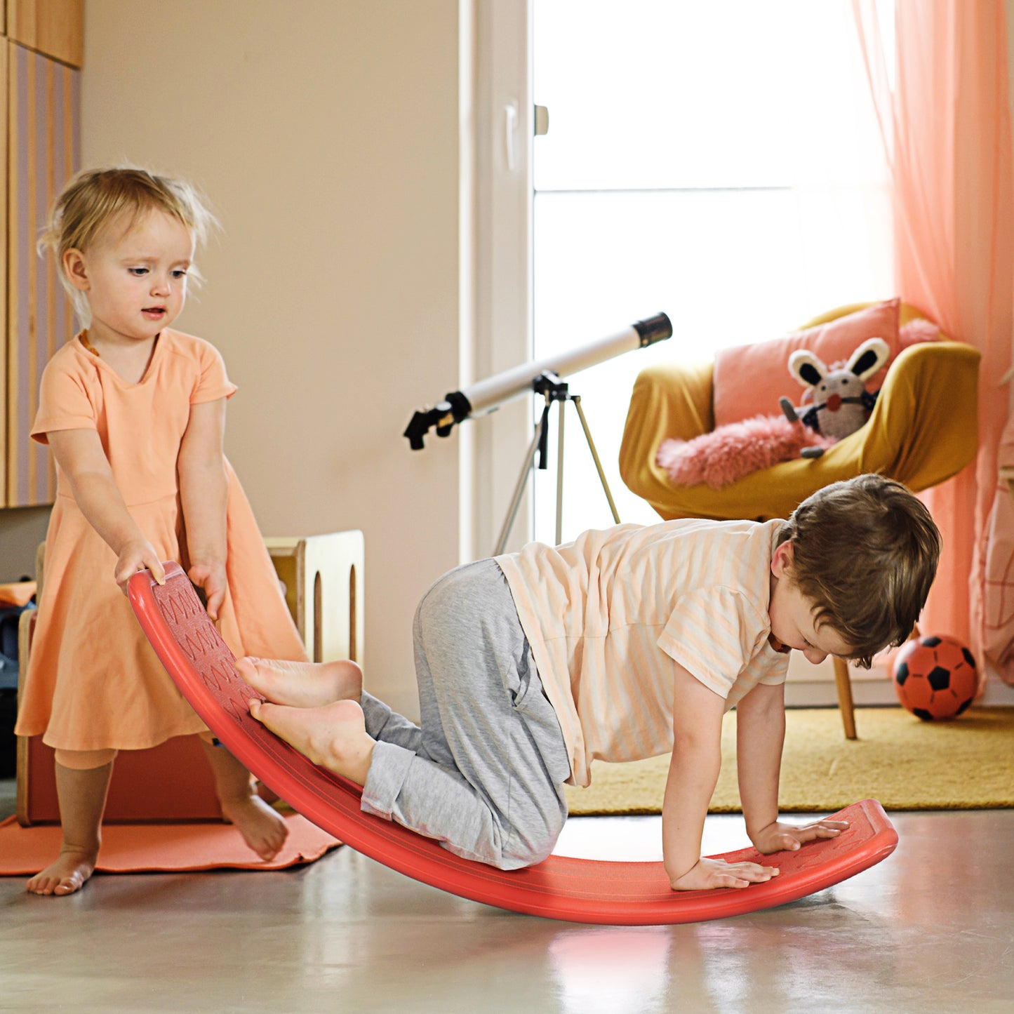 Balancing Act: 32.3" Curvy Rocker Board for Kids, Ended Preschool Learning Montessori Waldorf Toy, Red Hue Kids Crystal