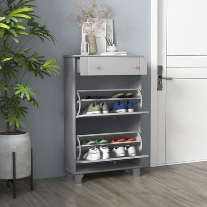 Slim Shoe Storage with 2 Flip Drawers and Adjustable Shelves Shoe Cabinet Organizer for 8 Pair, Grey