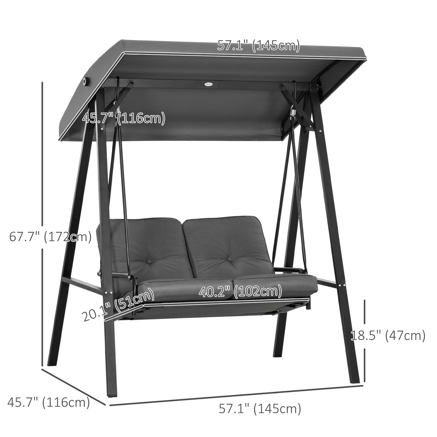 2-Seater Outdoor Porch Swing with Adjustable Canopy, Patio Swing Chair for Garden, Poolside, Backyard, Dark Grey Kids Crystal