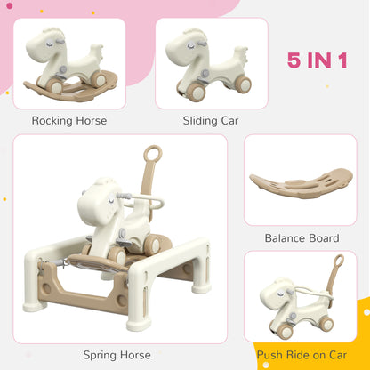 5 in 1 Rocking Horse for Toddlers 1-6 Years with Balance Board, Push Handle, 4 Smooth Wheels