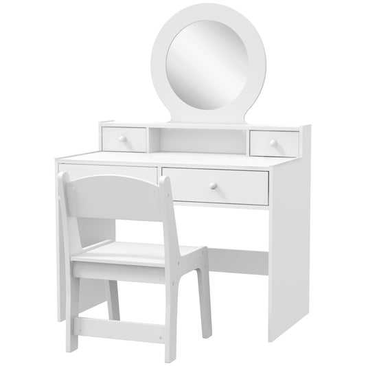 Kids Vanity Set, Children Makeup Table with Mirror, Stool and Storage Drawers, for Ages 3-8, White Kids Crystal