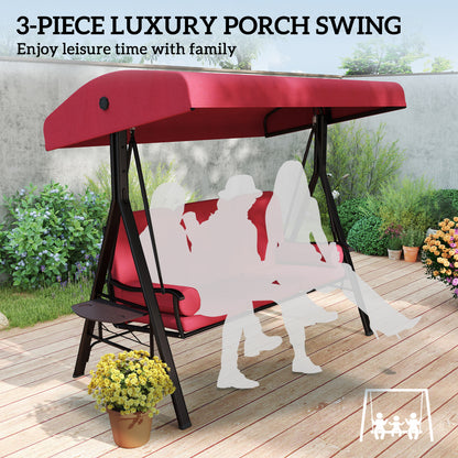 Outdoor Patio 3-Person Steel Canopy Cushioned Seat Bench Swing with Included Side Trays & Padded Comfort, Wine Red