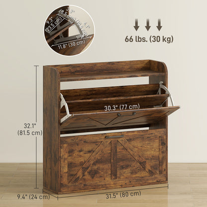 Narrow Shoe Storage Cabinet, Farmhouse Slim Shoe Cabinet with 2 Flip Drawers, Adjustable Shelves, Rustic Brown