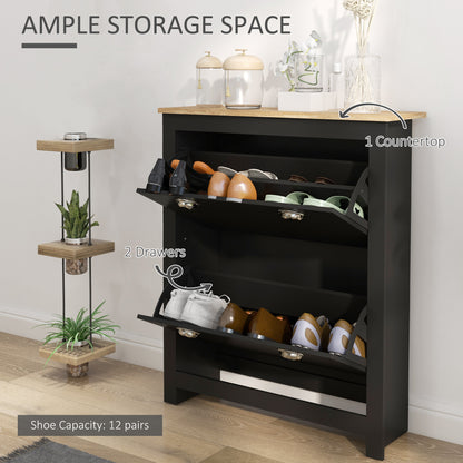 Entryway Shoe Storage Cabinet: 2 Flip Drawers, Adjustable Shelves, 12 Pair Organizer for Hallway, Black