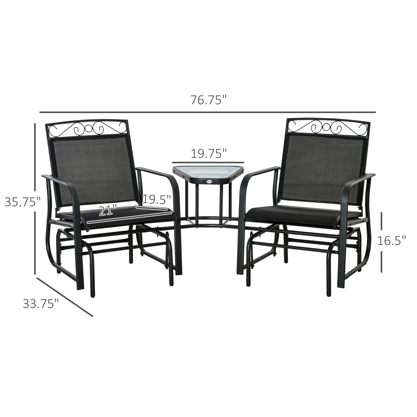 Patio Glider Bench with Table 2-Seat Outdoor Rocking Chair Swing Loveseat Breathable Sling Black Kids Crystal