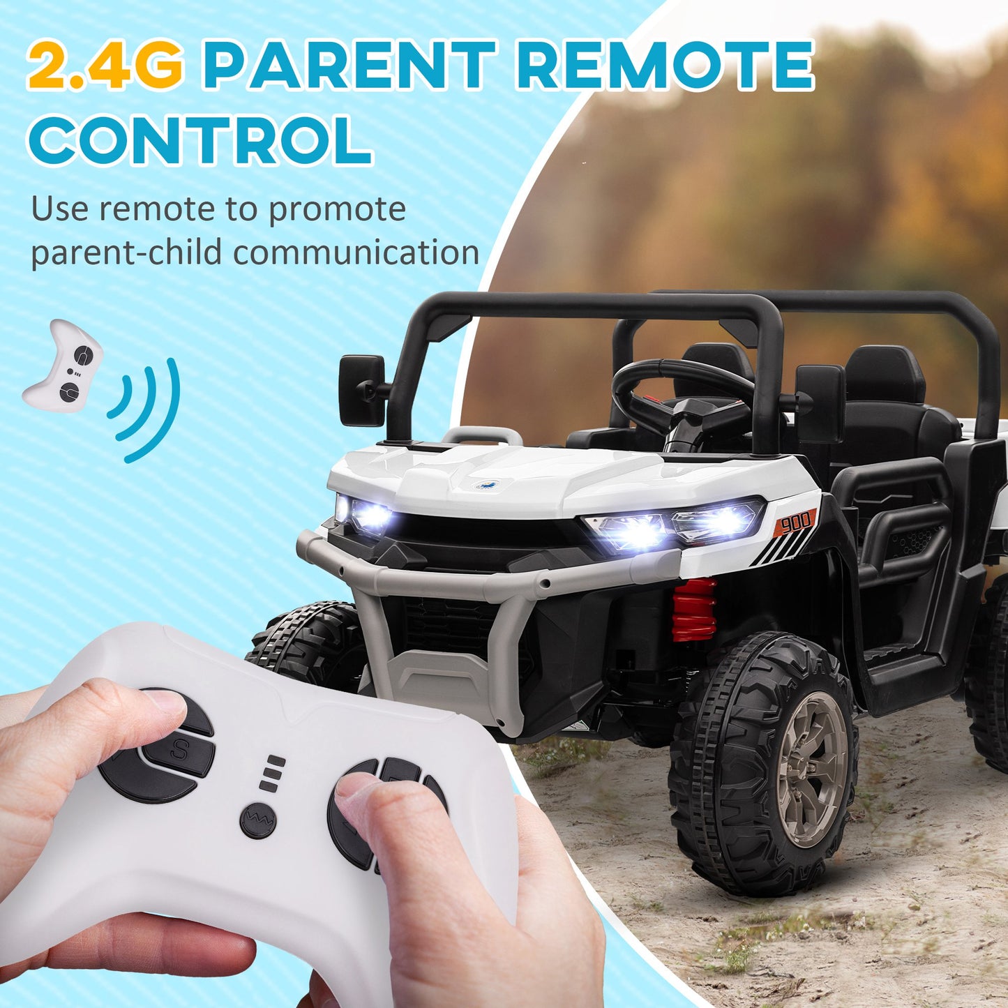 12V Ride-On Car 2-Seater Electric Bucket Shovel Remote Control Spring Suspension Horn Music White Kids Crystal