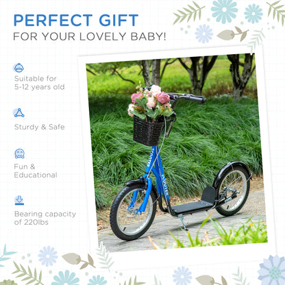 Youth Scooter Durable Kick Scooter for Kids Teens with Adjustable Handlebar Dual Brakes Basket Cupholder Mudguard