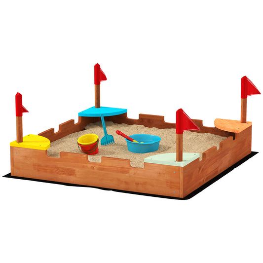 Kids Wooden Sandbox with Flags, 4 Colorful Built-in Corner Seating, Ground Liner, Gift for Ages 3-7, Wooden Brown