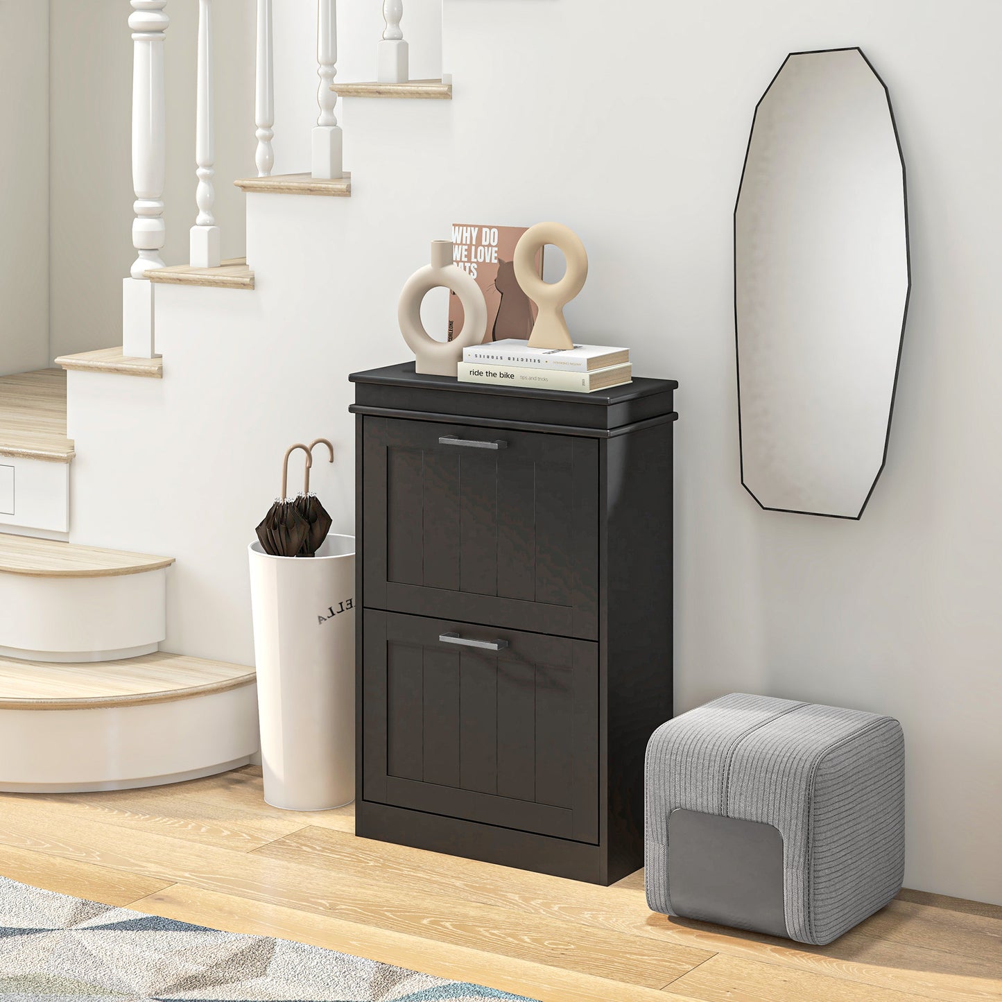 Compact Shoe Haven: 2 Flip Drawer Cabinet with Adjustable Shelves for 10 Pairs of Shoes, Black Finish Kids Crystal