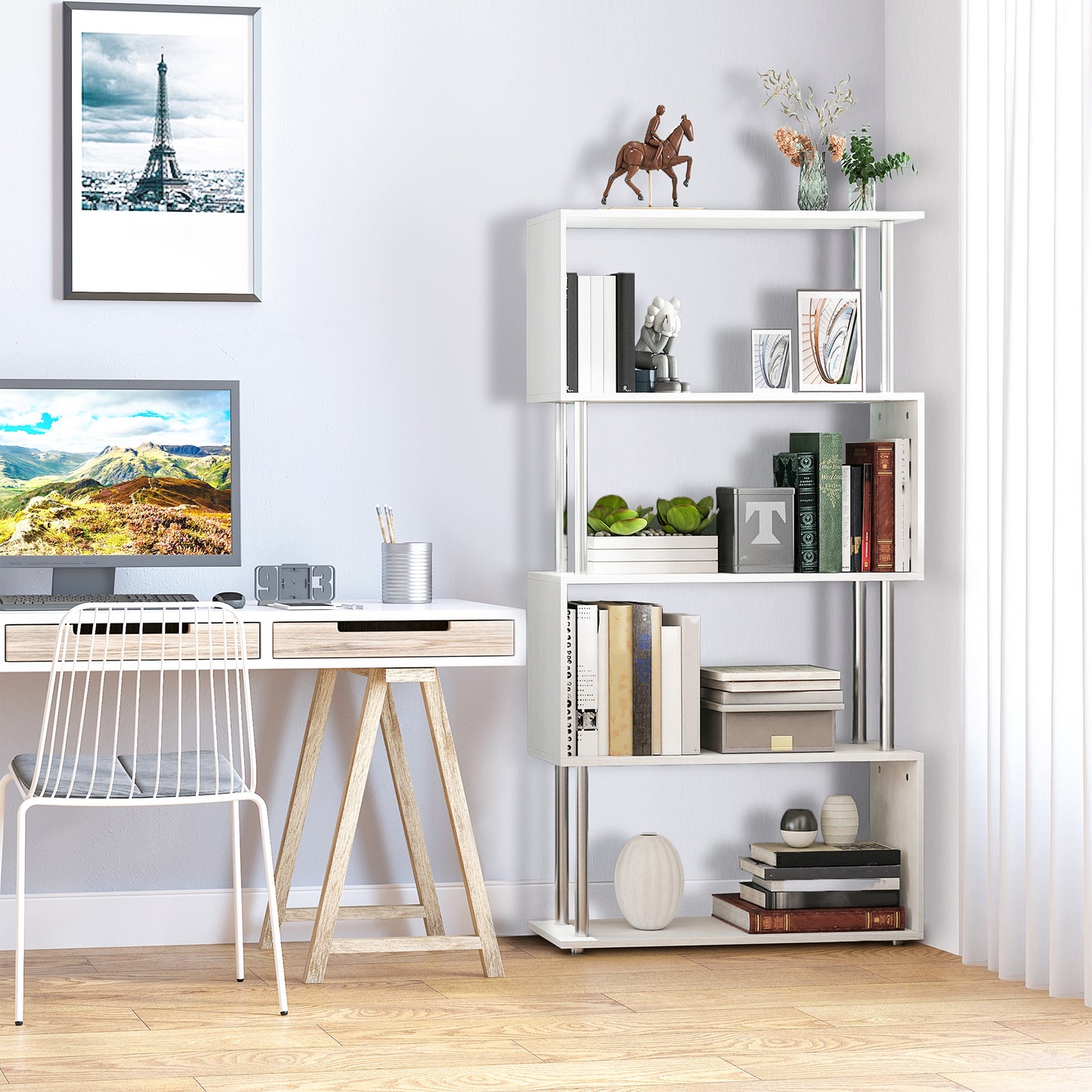 Z-Shape Bookcase Marvel: 5-Tier White Wooden Storage Display Shelf for Living Room, Bedroom, Office with Metal Frame Kids Crystal