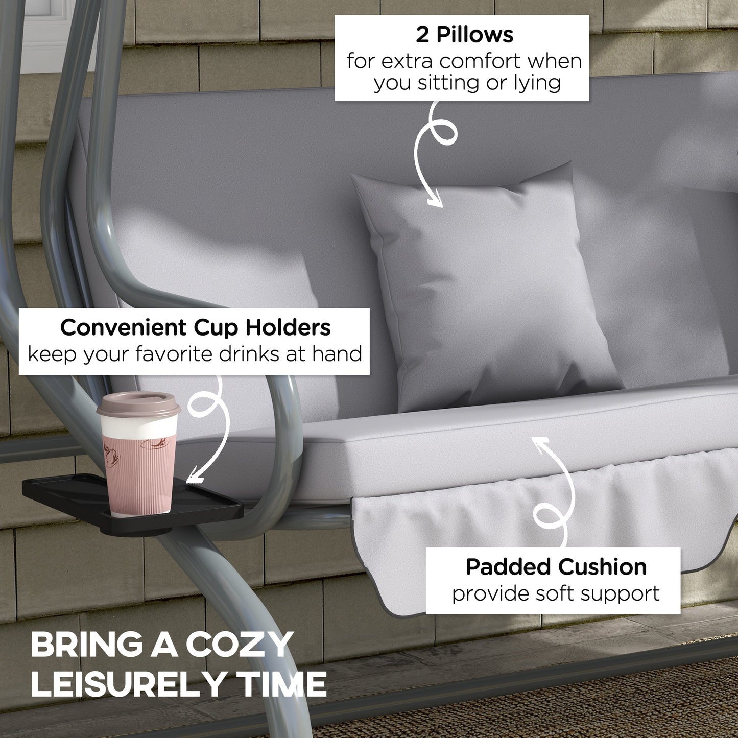 Outdoor 3-Seater Patio Swing Chair, Outdoor Swing Seat, with Adjustable Canopy and Two Pillows for Garden, Light Grey Kids Crystal