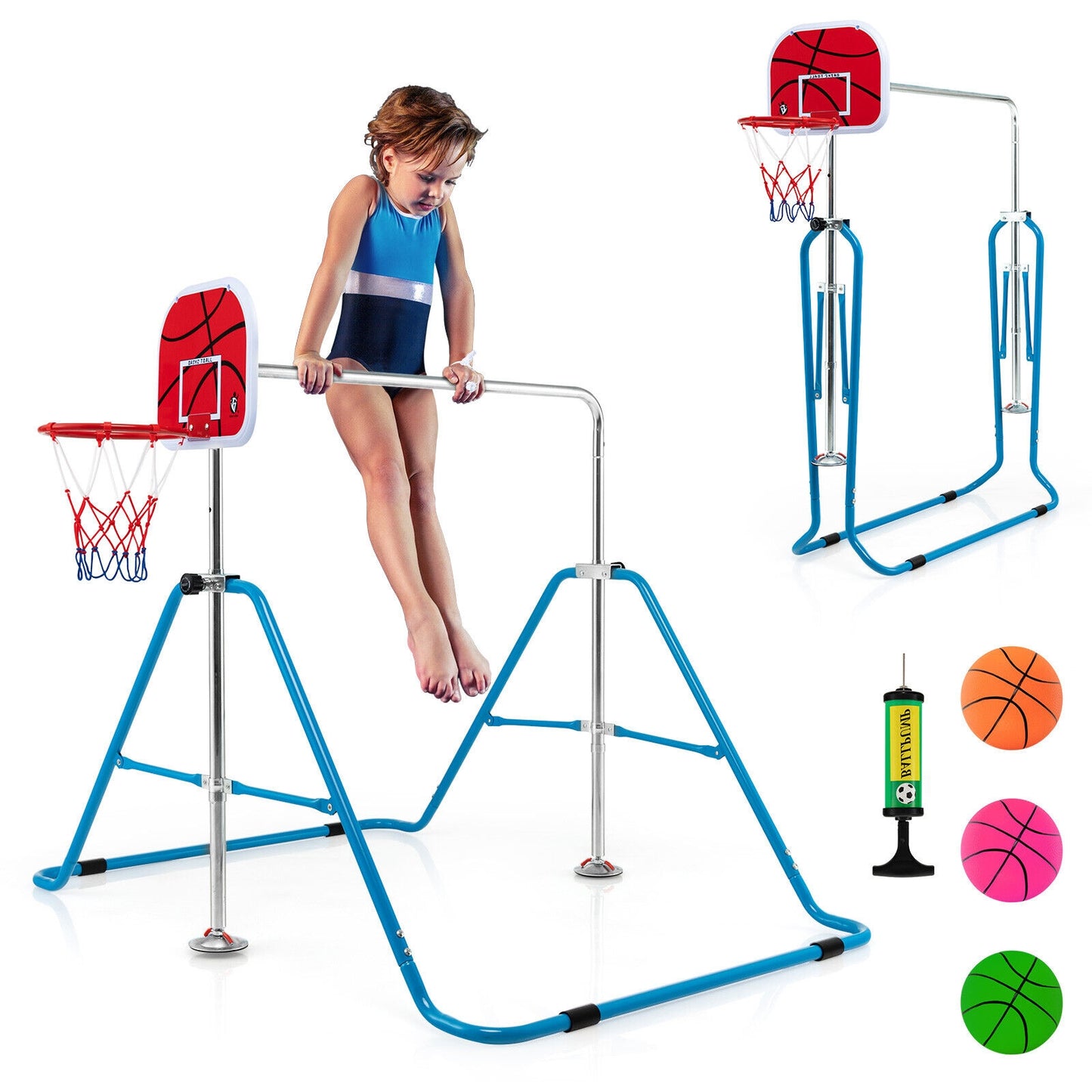 Kids Folding Horizontal Bar with 4 Adjustable Heights-Blue Kids Crystal