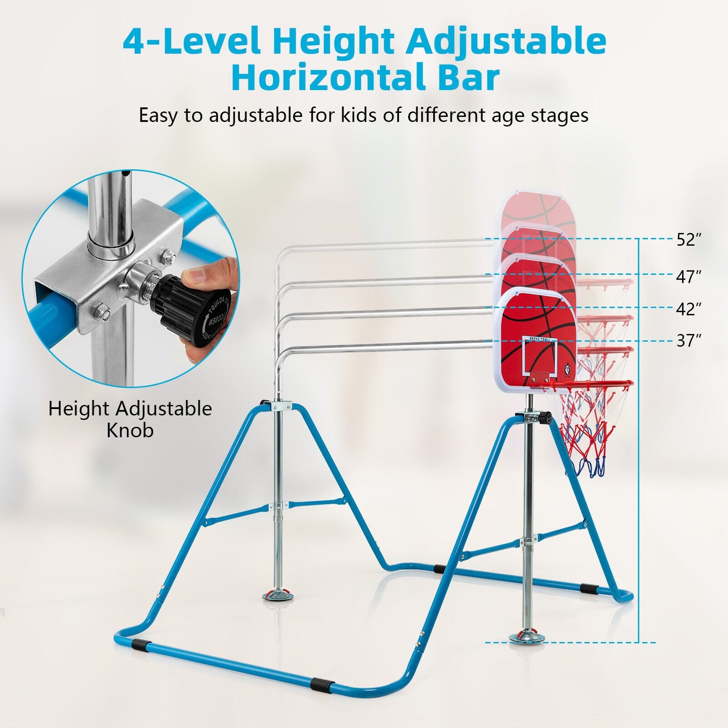 Kids Folding Horizontal Bar with 4 Adjustable Heights-Blue Kids Crystal