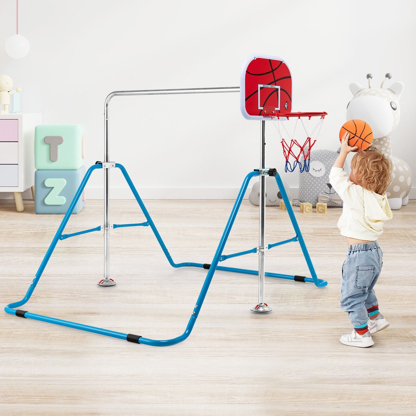 Kids Folding Horizontal Bar with 4 Adjustable Heights-Blue Kids Crystal