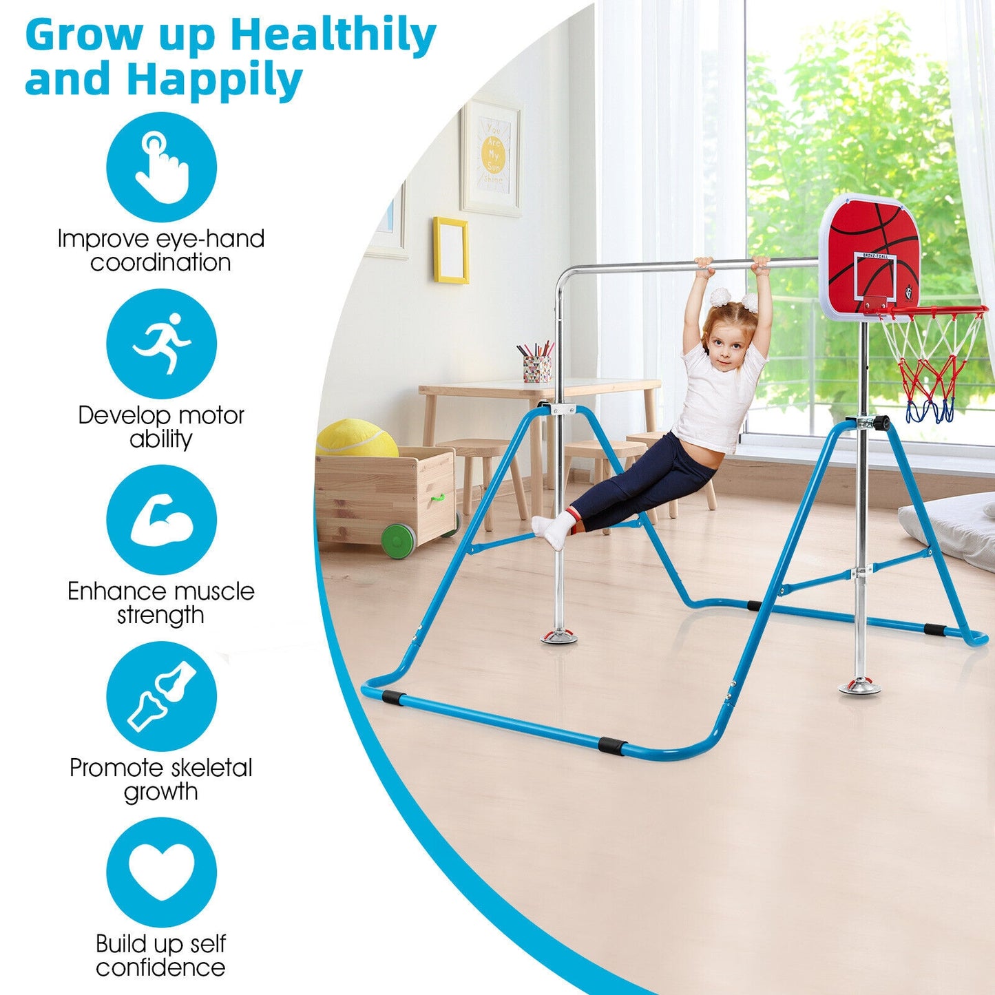 Kids Folding Horizontal Bar with 4 Adjustable Heights-Blue Kids Crystal