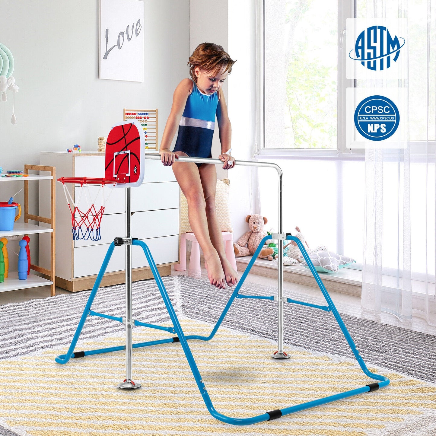 Kids Folding Horizontal Bar with 4 Adjustable Heights-Blue Kids Crystal