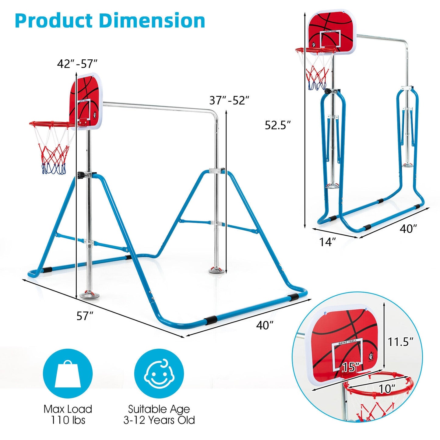 Kids Folding Horizontal Bar with 4 Adjustable Heights-Blue Kids Crystal