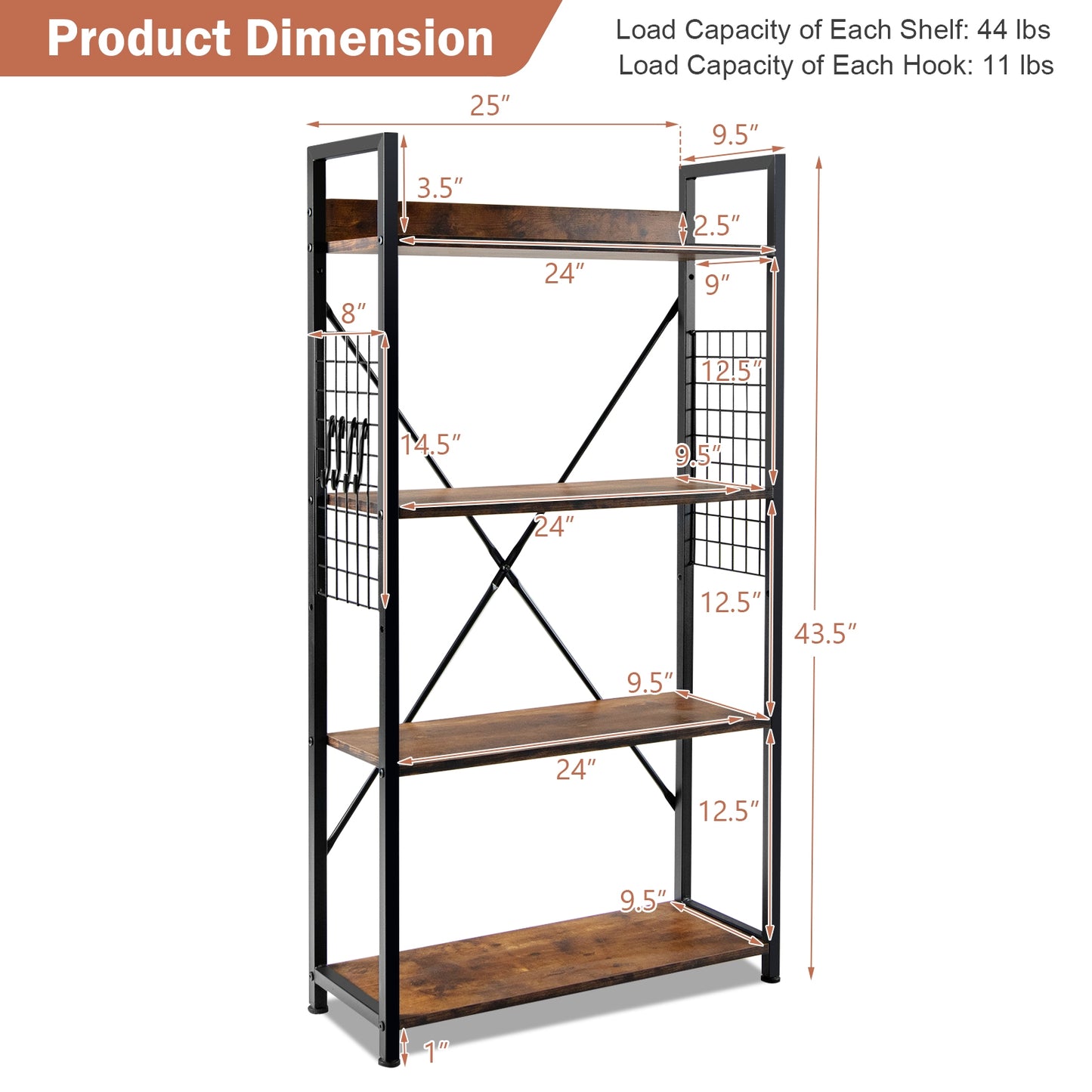 4 -Tier Industrial Open Storage Bookshelf-Rustic Brown Kids Crystal