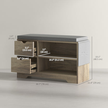 Upholstered Shoe Storage Bench w/ Seat, Entrance Bench w/ Drawer Open Shelves and Pocket for Hallway, Grey