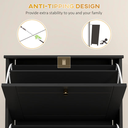 Narrow Shoe Storage 3 Flip Drawers Adjustable Shelves Shoe Organizer 12 Pairs Black Space Saving