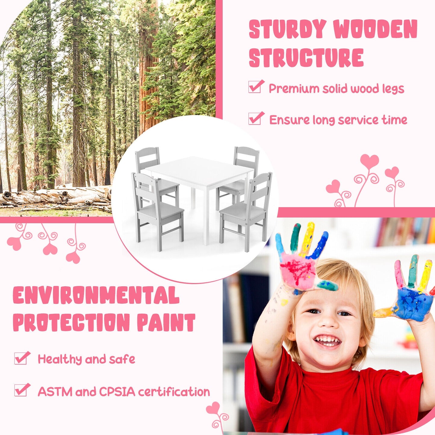 Kids 5 Piece Table and Chair Set Wooden Children Activity Playroom Furniture Gift-White Kids Crystal