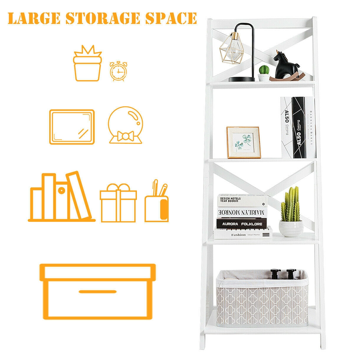 4-Tier Wood Display Storage Bookshelf-White Kids Crystal