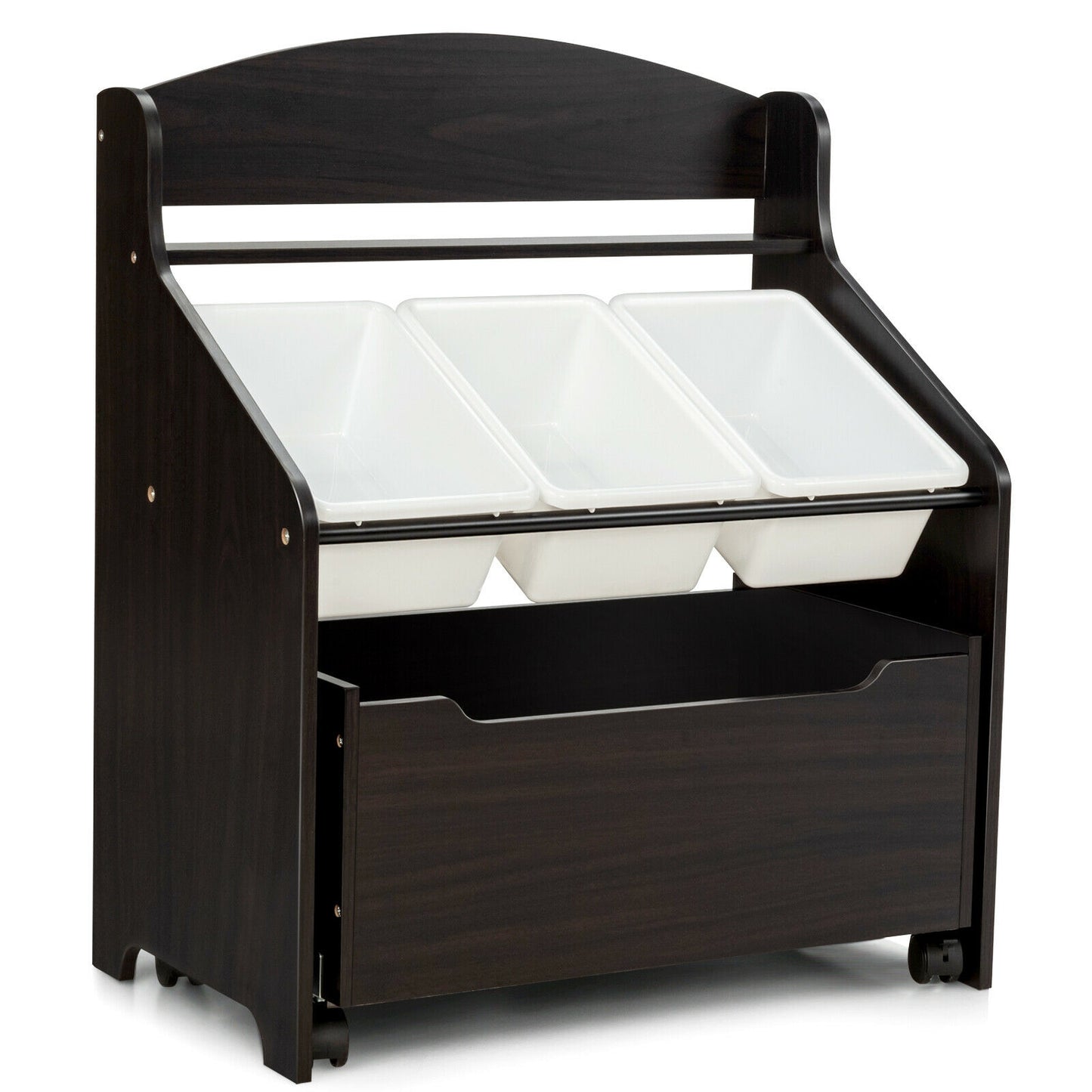 Kids Wooden Toy Storage Unit Organizer with Rolling Toy Box and Plastic Bins-Espresso Kids Crystal