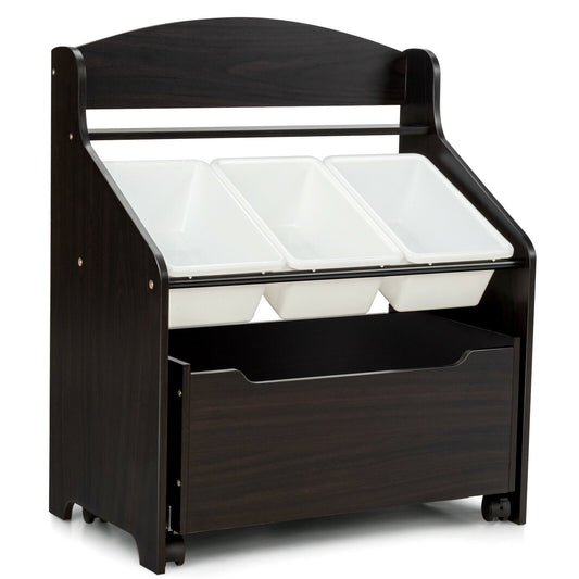 Kids Wooden Toy Storage Unit Organizer with Rolling Toy Box and Plastic Bins-Espresso Kids Crystal