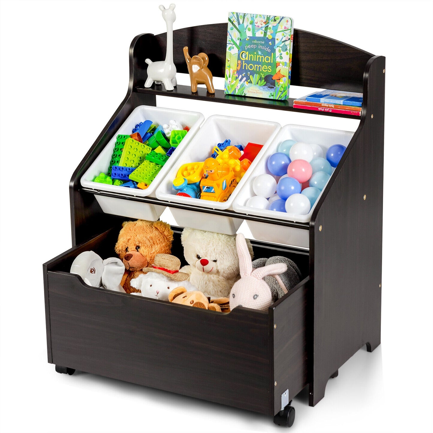 Kids Wooden Toy Storage Unit Organizer with Rolling Toy Box and Plastic Bins-Espresso Kids Crystal