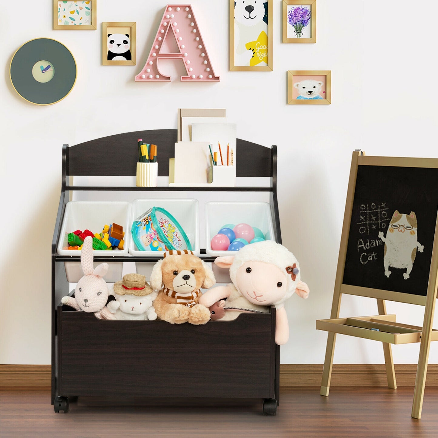 Kids Wooden Toy Storage Unit Organizer with Rolling Toy Box and Plastic Bins-Espresso Kids Crystal