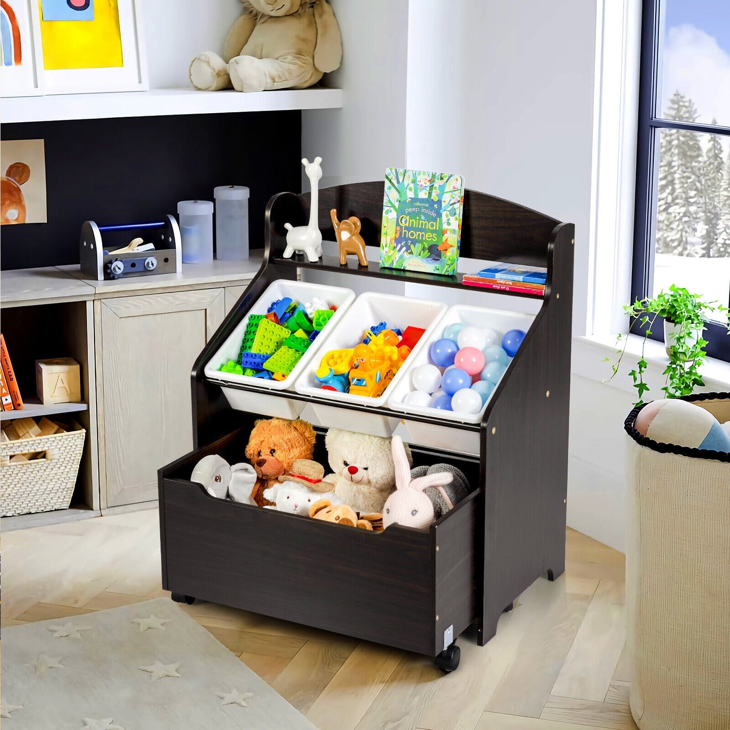 Kids Wooden Toy Storage Unit Organizer with Rolling Toy Box and Plastic Bins-Espresso Kids Crystal