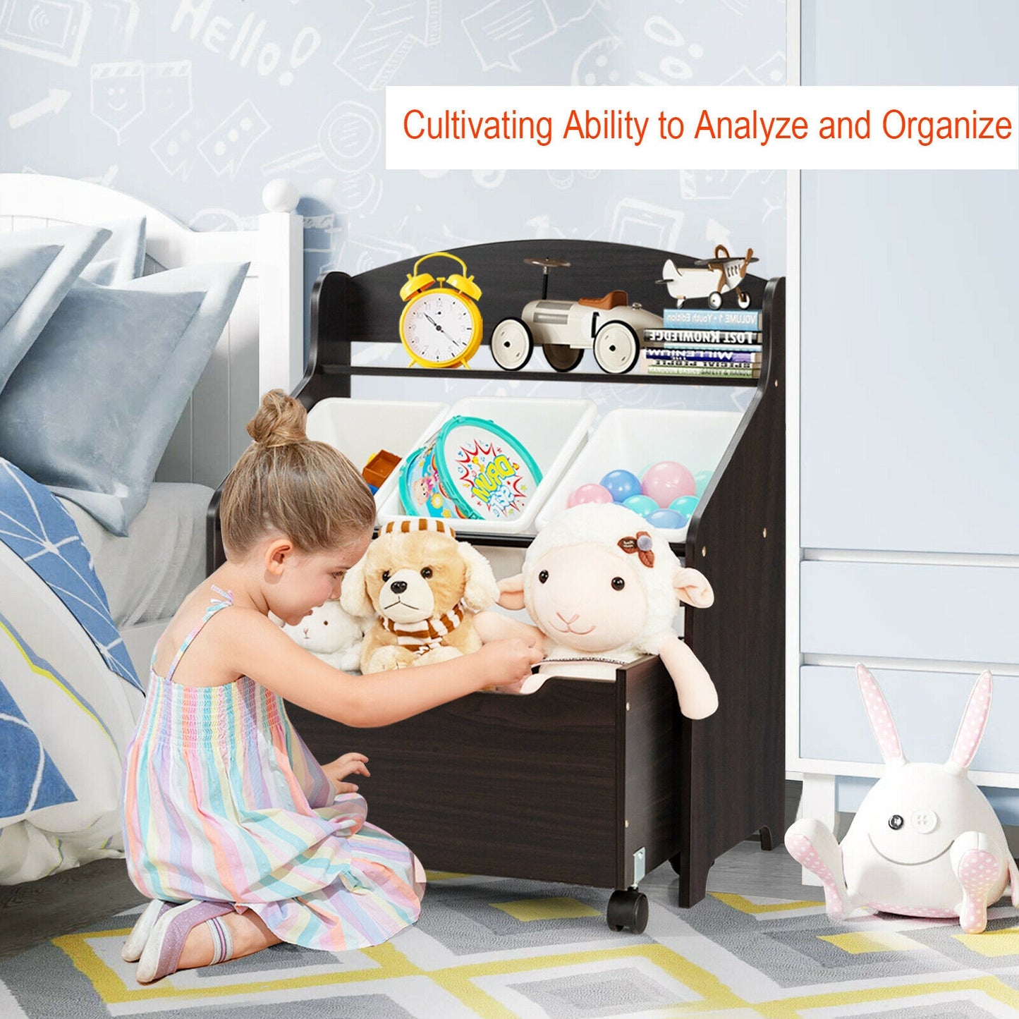 Kids Wooden Toy Storage Unit Organizer with Rolling Toy Box and Plastic Bins-Espresso Kids Crystal