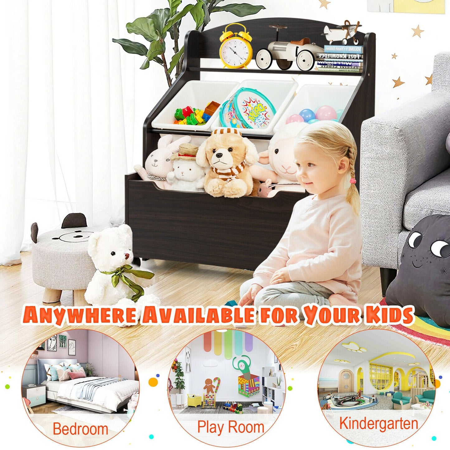 Kids Wooden Toy Storage Unit Organizer with Rolling Toy Box and Plastic Bins-Espresso Kids Crystal