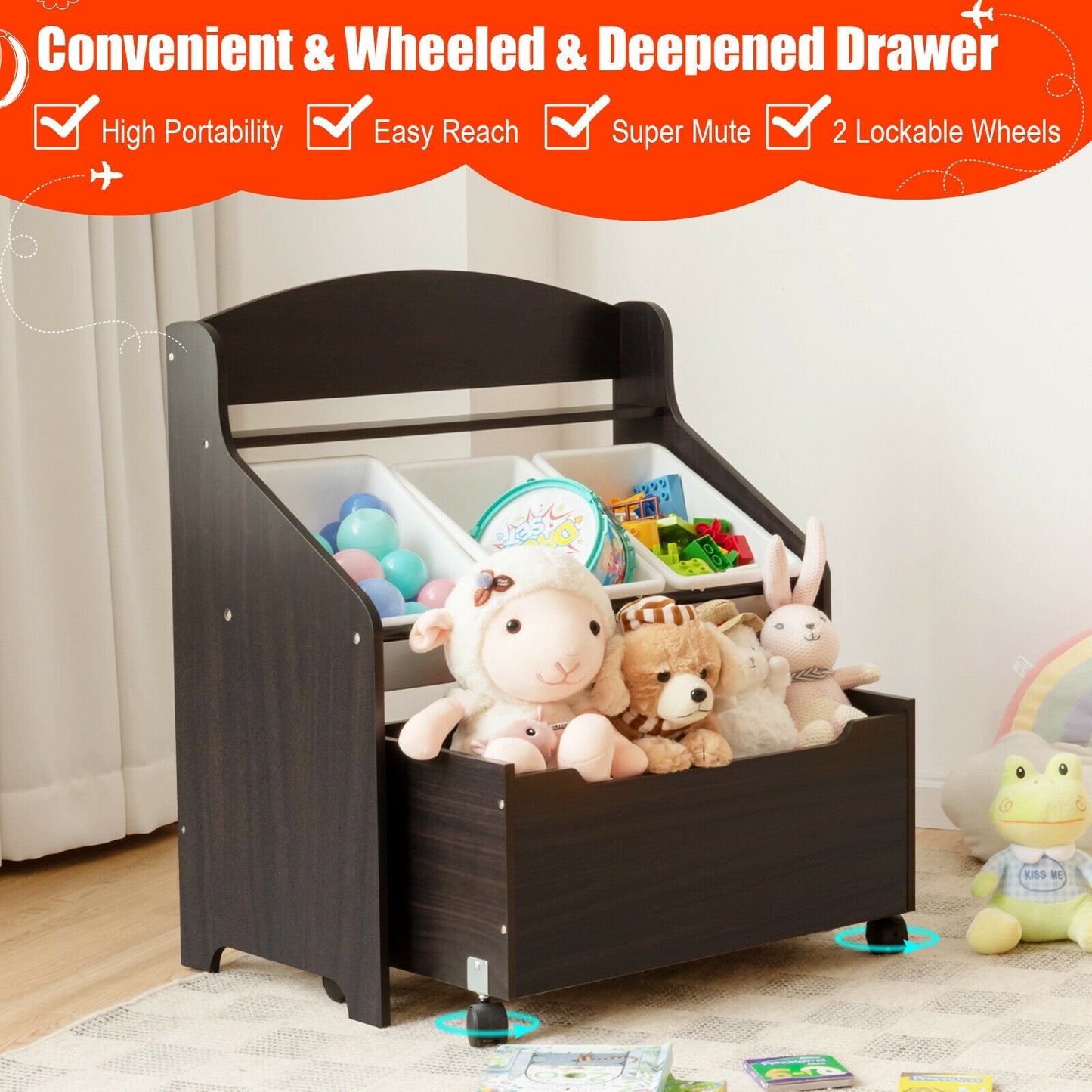 Kids Wooden Toy Storage Unit Organizer with Rolling Toy Box and Plastic Bins-Espresso Kids Crystal