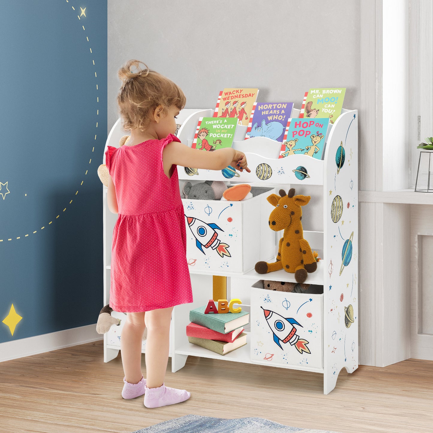 Wooden Children Storage Cabinet with 5 Storage Bins Kids Crystal
