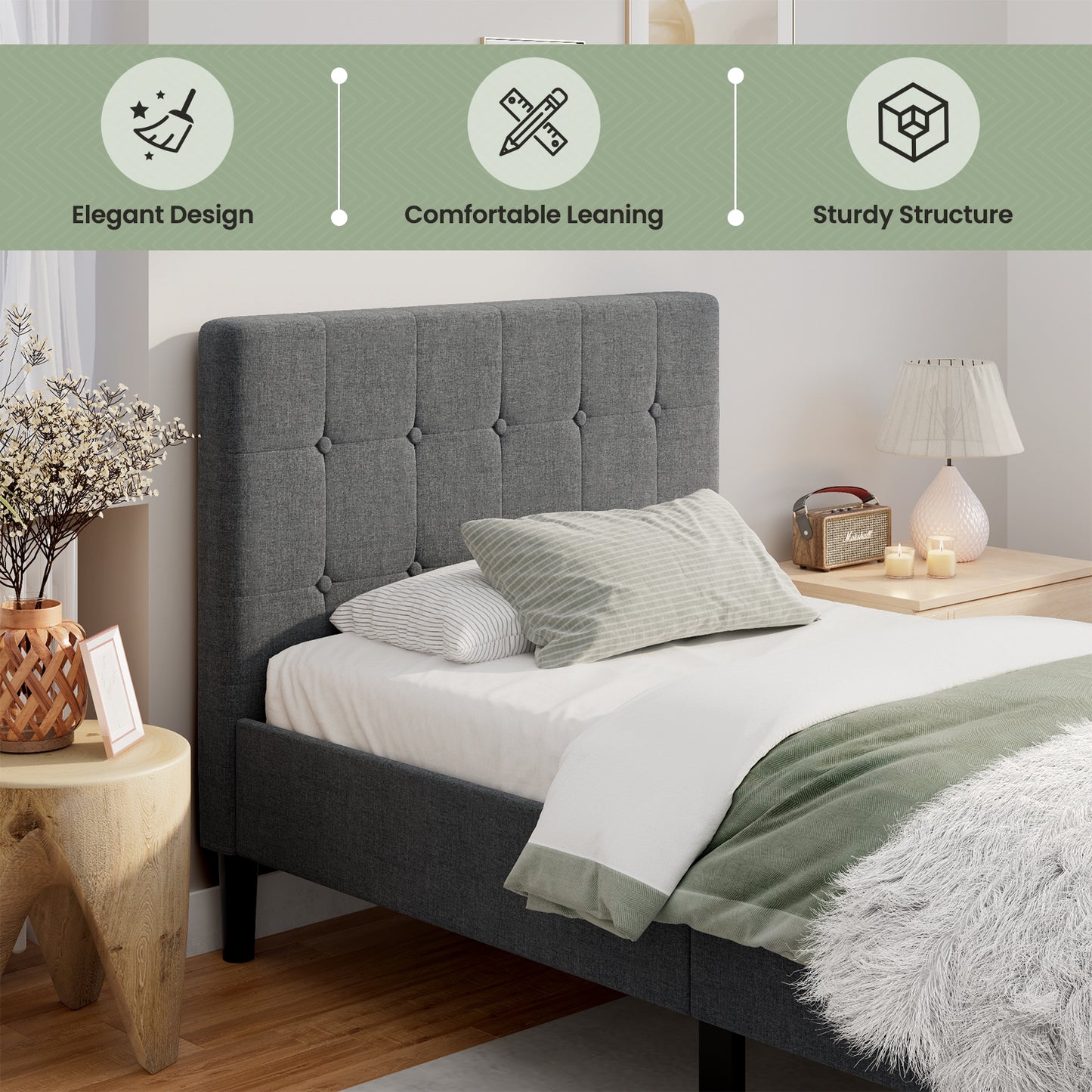 Platform Bed with Button Tufted Headboard-Gray Kids Crystal