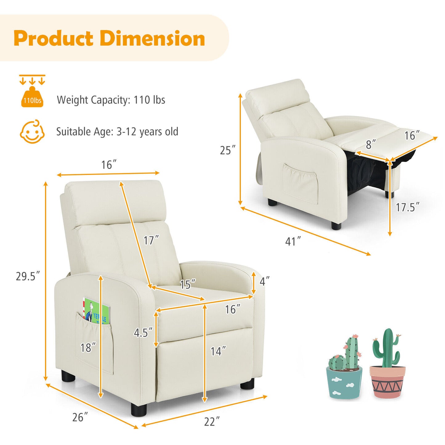 Ergonomic PU Leather Kids Recliner Lounge Sofa for 3-12 Age Group-White Kids Crystal