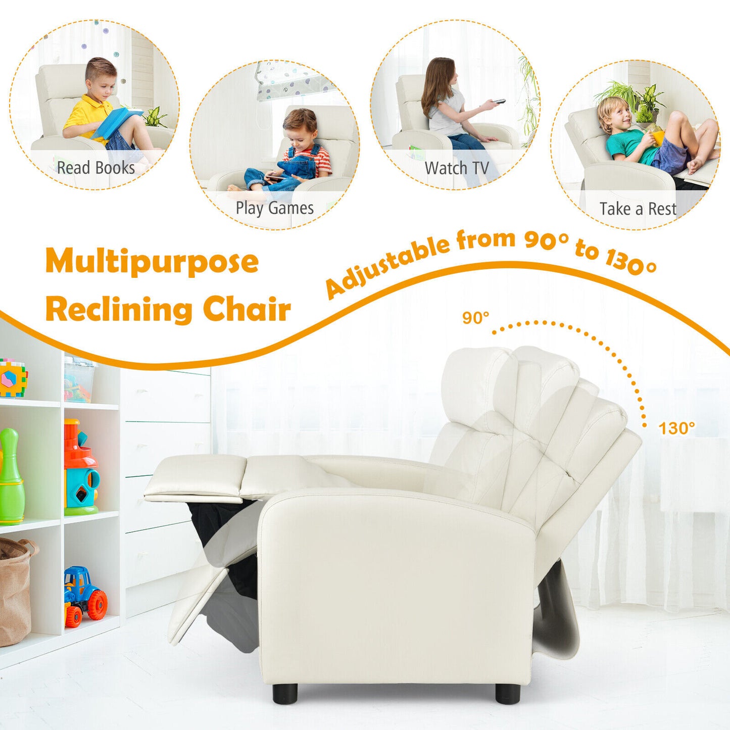 Ergonomic PU Leather Kids Recliner Lounge Sofa for 3-12 Age Group-White Kids Crystal